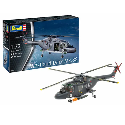 Westland Lynx Mk.88 Model Kit by Revell. 1:72 scale plastic kit with 66 parts, glue, brush, and paints. Requires assembly and painting. Model number: 03805.