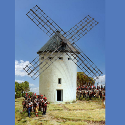 A kit for a windmill model consisting of seven frames for the roof, side walls, and sails, designed for 1/56th scale tabletop gaming, requiring assembly and painting.