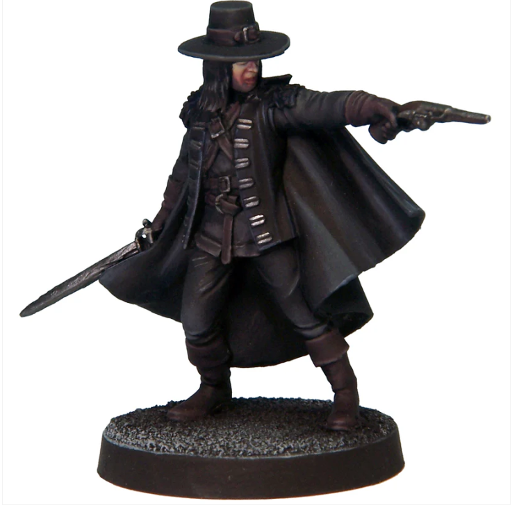 Witch Hunter miniature by Crooked Dice features a detailed white metal figure of a hunter with a gun and sword, ideal for tabletop RPGs, provided unpainted.