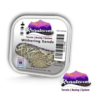 A square plastic container of Krautcover Scents Withering Sands scent blend, showing the textured beige and green dried botanicals through a clear window, with a white label and purple mountain logo. Withering Sands Krautcover Scenics Basing Tub