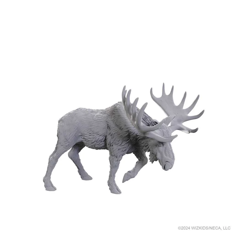 Gray moose figurine with large antlers on a white background. WizKids Deep Cuts Bull Moose tabletop gaming miniature
