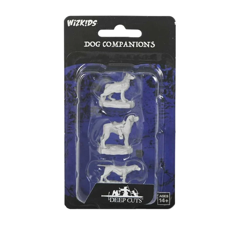 WizKids 'Deep Cuts' Dog Companions set in its original blister card packaging, featuring three unpainted white plastic miniature dog figures. WizKids Deep Cuts Dog Companions three pre-primed dog miniatures