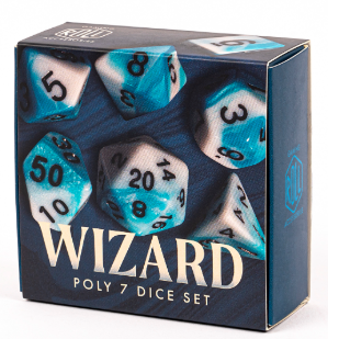 Wizard 7 polyhedral dice set. Blue and white dice with black numbers in a cardboard box 