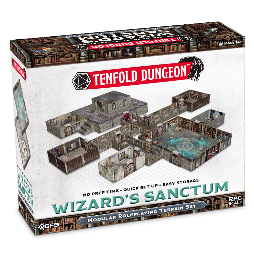 Tenfold Dungeon™: Wizard's Sanctum. 3D pre-designed terrain with 12 rooms, spell tokens, doors, walls, and stairs. Ready-to-use for fantasy RPGs and miniature games