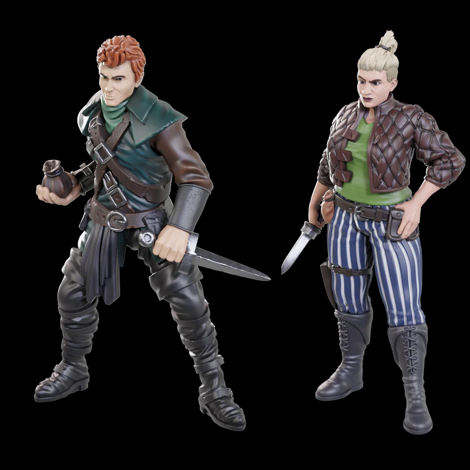 Two figures in a fighting pose on a Wizkids Cutpurses Male & Female. black background