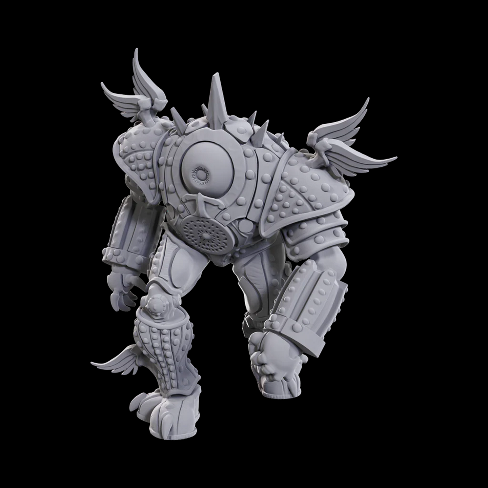 Wizkids Marut. Gray metallic creature figurine with detailed armour on a black background