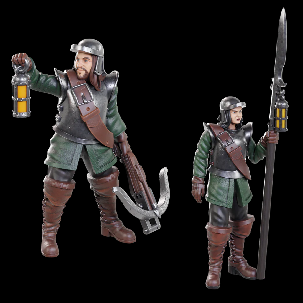 Wizkids Roadwardens Male & Female. Two action figures of medieval soldiers with weapons on a black background