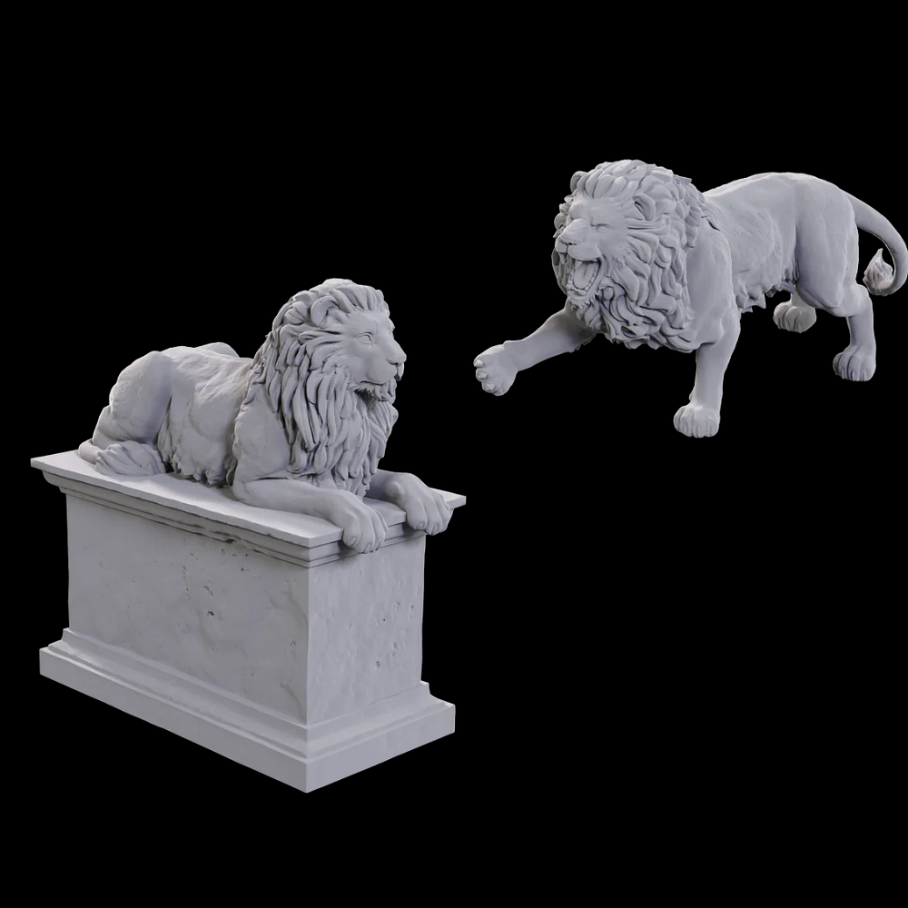 Wizkids Stone Lion. Two stone lion statues, one sitting and one standing, on a black background.