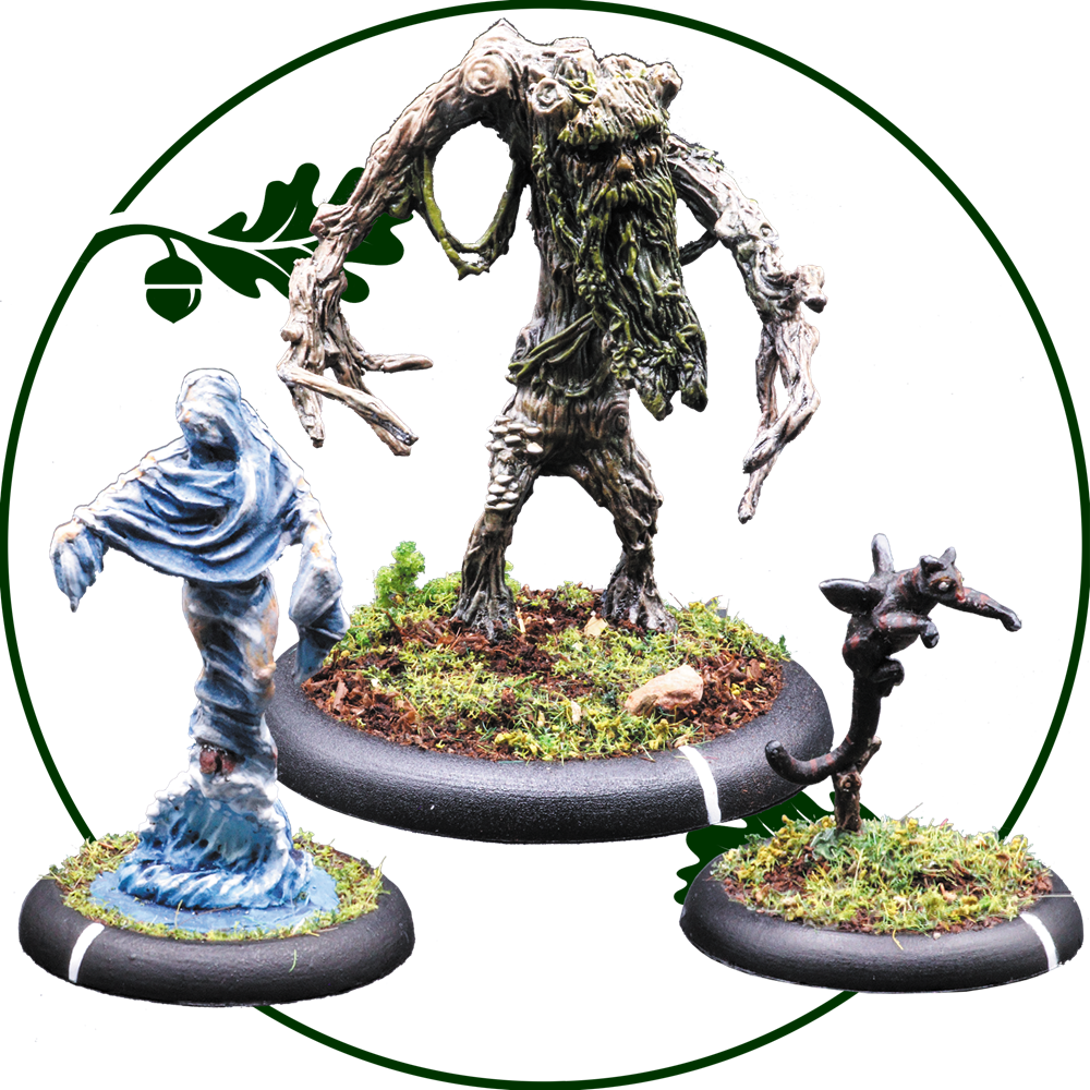 Woodfolk Elementals by Oakbound Studio is a pack of 3 white metal miniatures of summoned water, wood and air elementals for your tabletop games of The Woods.