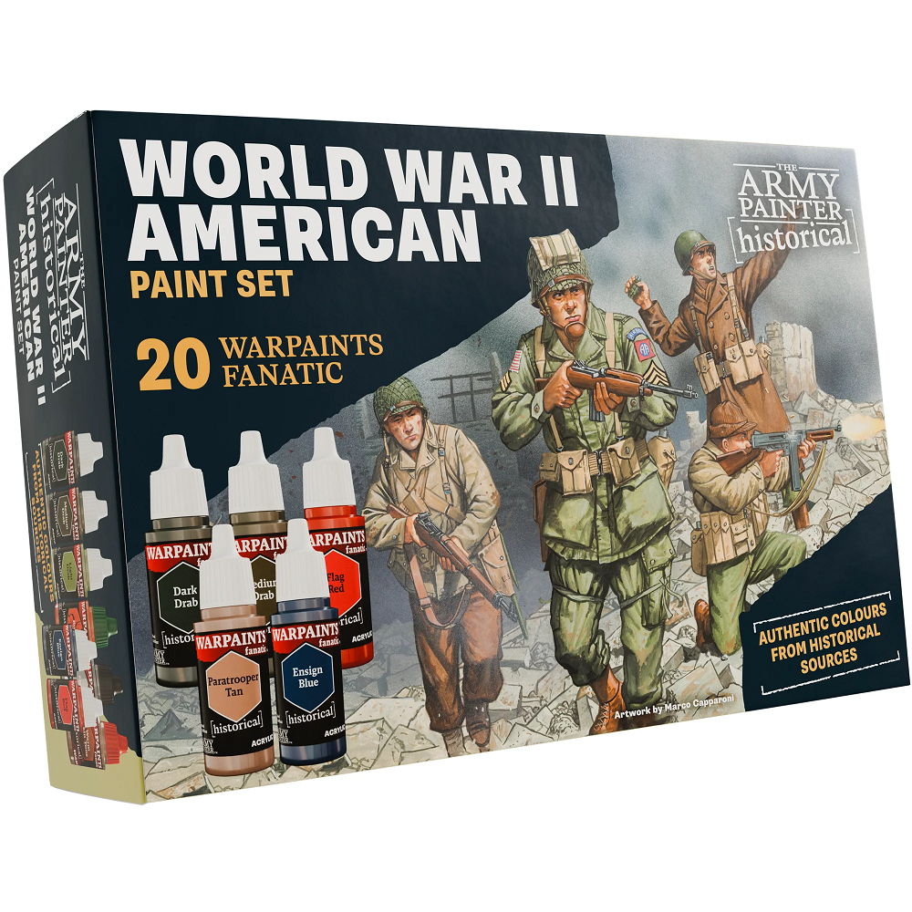 World War II American Paint Set - Warpaints Fanatic by Army Painter includes 20 acrylics, washes, and a free guide for painting US forces in WWII.