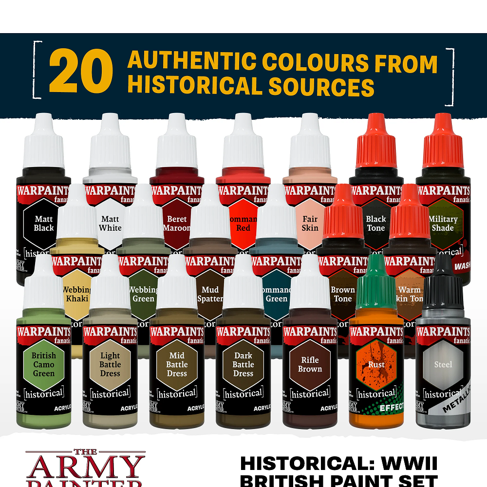 World War II British Paint Set - Warpaints Fanatic by Army Painter includes 20 acrylics, washes, and a free guide for painting British forces in WWII.