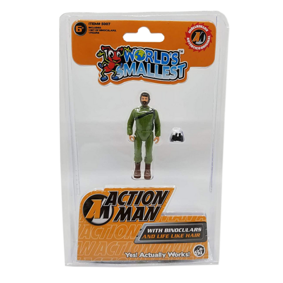 World's Smallest Action Man figure in its original blister packaging, featuring an olive green firefighter action figure with a black helmet and binoculars accessory. World's Smallest Action Man 7.5cm figure with binoculars