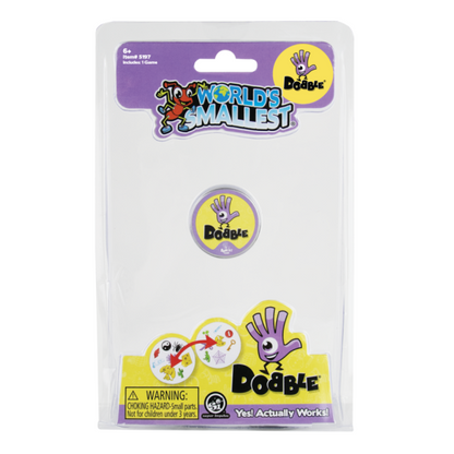 World's SMallest Doobie toy package containing a small circular hand-shaped toy and a yellow warning label on a white backing card. World's Smallest Dobble spot the match card game