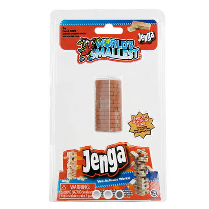 Jenga World's Smallest package containing a miniature brick-topped tower of blocks, in its original retail blister packaging with Jenga branding. World's Smallest Jenga miniature block game