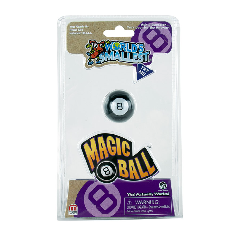 M&M's Worlds Smallest Magic Ball 8-ball in its original clear plastic blister packaging, featuring a cartoon logo and a purple and white design. World's Smallest Magic 8 Ball miniature working fortune teller toy