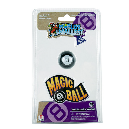 M&M's Worlds Smallest Magic Ball 8-ball in its original clear plastic blister packaging, featuring a cartoon logo and a purple and white design. World's Smallest Magic 8 Ball miniature working fortune teller toy
