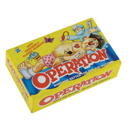 Operation board game box featuring a bright yellow background with cartoon illustrations of a surgeon, a patient, and bold red 'OPERATION' title text on the front. World's Smallest Operation miniature board game with Cavity Sam