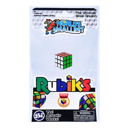 Rubik's 'The Ultimate Brain Teaser' puzzle in its original retail packaging, featuring the classic multi-coloured cube on a white and light blue background with the Rubik's brand logo. World's Smallest Rubik's Cube 30mm miniature working puzzle