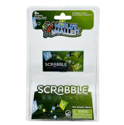 Scrabble Original 'World's Smallest' version in its retail blister packaging, featuring green letter tiles and a clear plastic case on a white background. World's Smallest Scrabble miniature word game with magnetic tiles and green pocket-sized case