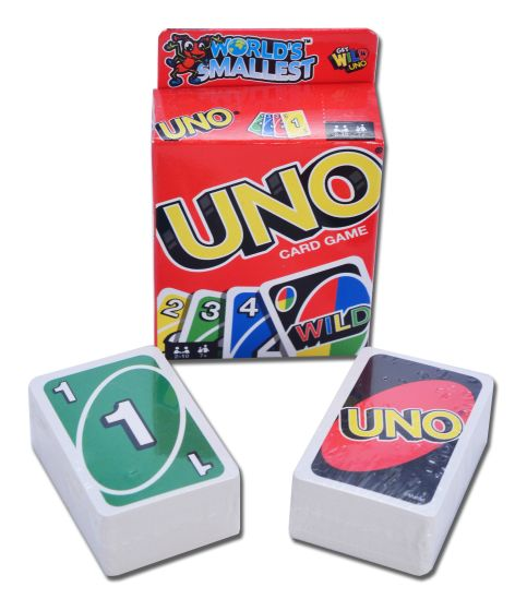 World's Smallest UNO card game with two playing cards displayed in front of the packaging. World's Smallest UNO miniature card game
