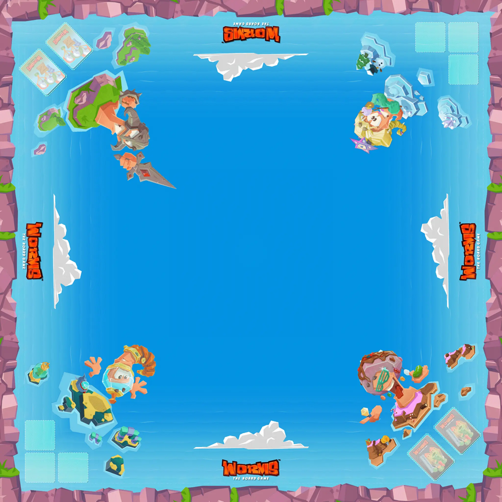 Cartoon underwater scene with characters and objects on a blue background. Worms The Board Game Deluxe Play Mat 90x90cm neoprene gaming mat with full colour artwork