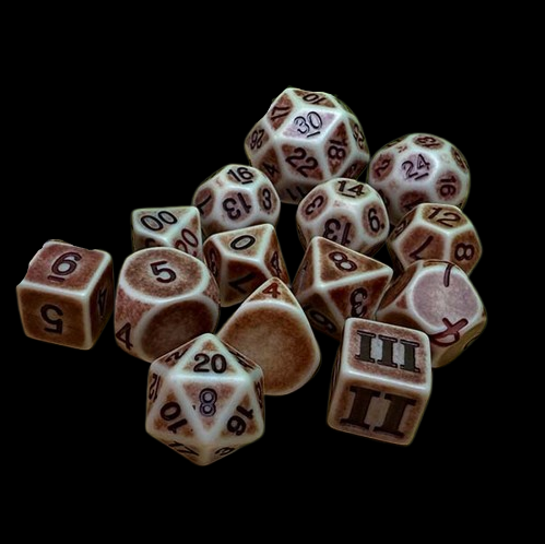 Wyrdling Sunbleached Bone Purple Planet Dice complete 14-set for Dungeon Crawl Classics RPG, featuring polyhedrons inspired by bleached skeleton shards.