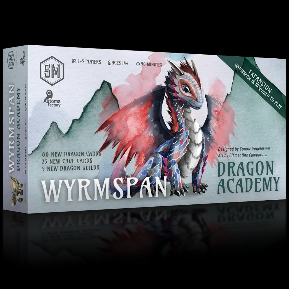 Wyrmspan Dragon Academy expansion box and components for the Wyrmspan board game