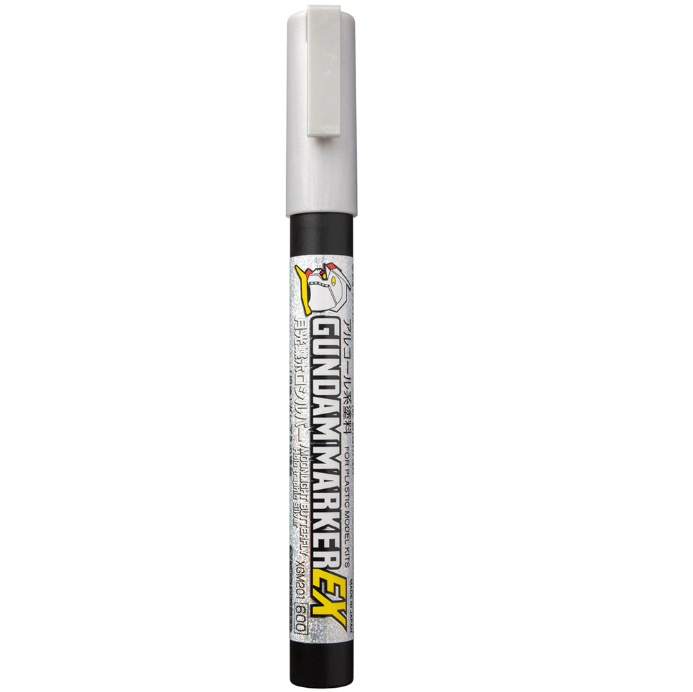 Gundam Marker EX pen on a white background. XGM201 Gundam Marker EX Moonlight Butterfly Holographic Silver