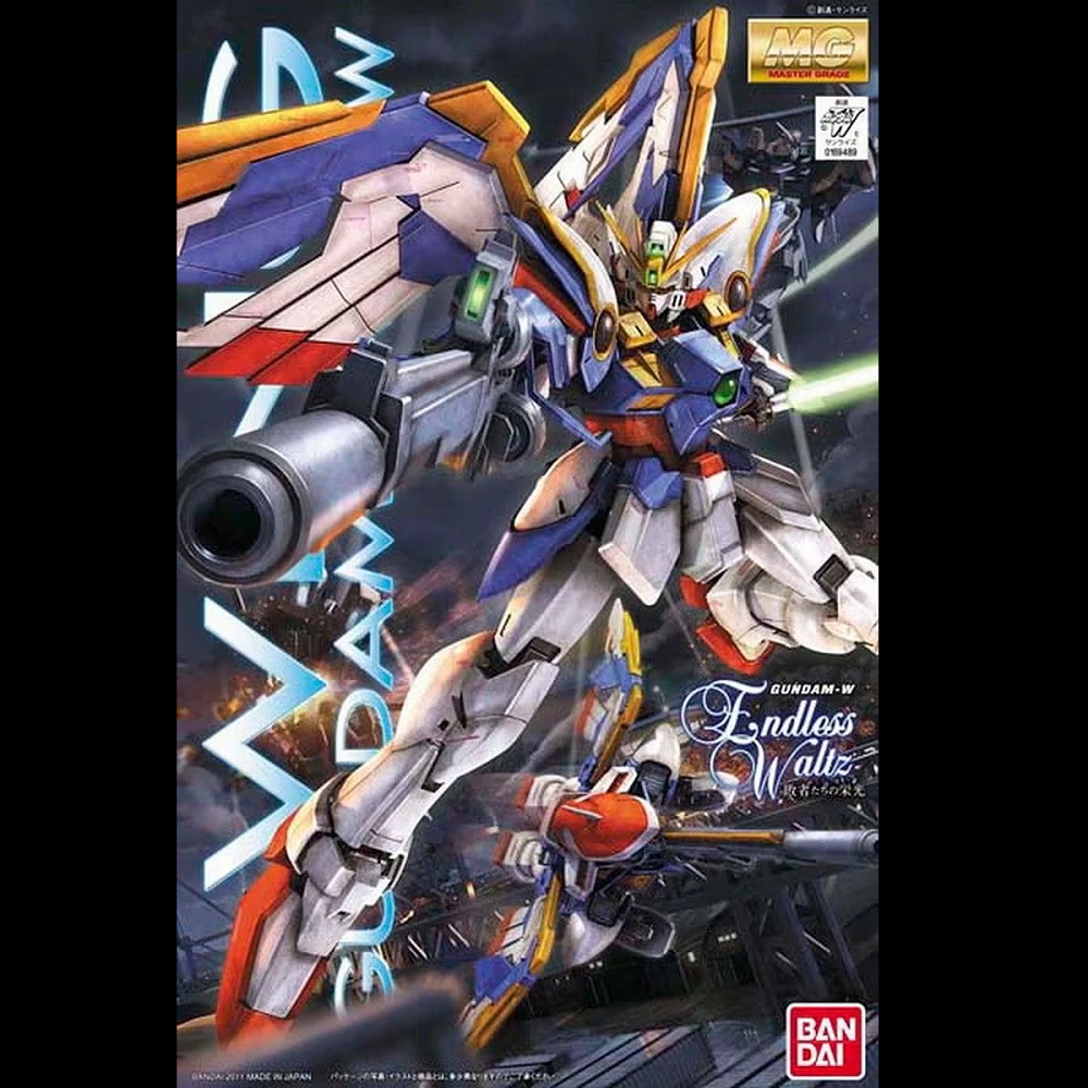 XXXG-01W Wing Gundam Endless Waltz. Gundam model kit with 'Endless Waltz' branding on a dark background