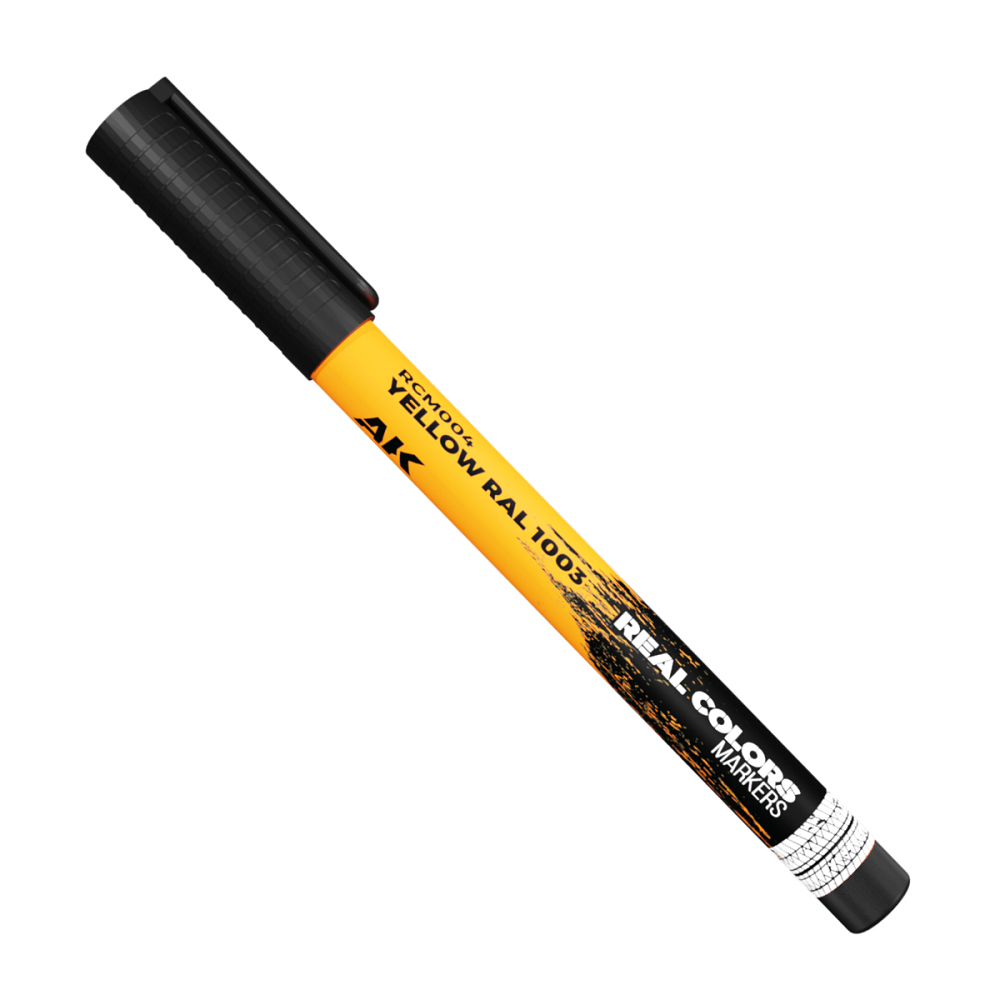 Yellow RAL 1003 RC Marker by AK Interactive, fast-drying acrylic paint pen with matte finish for vibrant detailing on miniatures, models, and crafting projects.