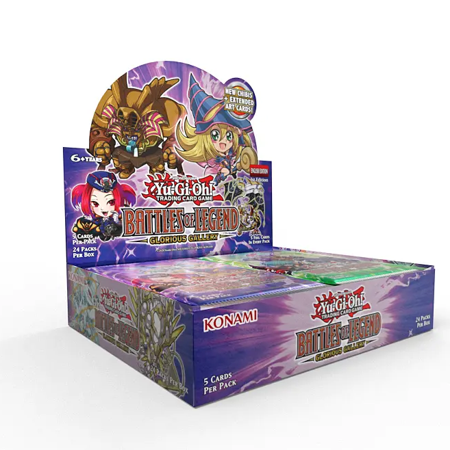 Yu-Gi-Oh! Battles of Legend trading card game booster box with characters on a white background. Yu-Gi-Oh! Battles of Legend: Glorious Gallery Booster Box