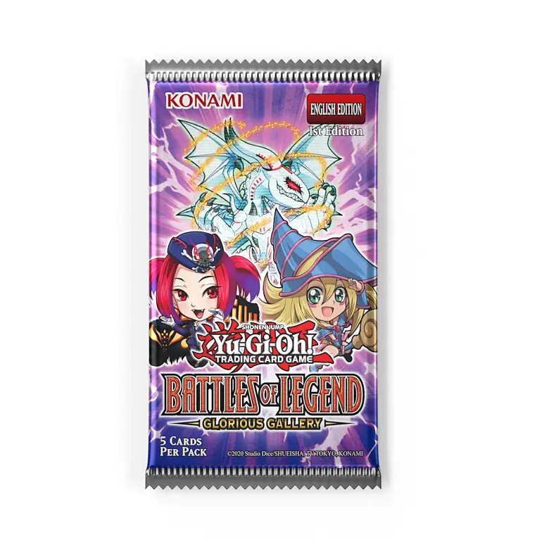 Konami Yu-Gi-Oh! Trading Card Game Battles of Legend pack on a white background. Yu-Gi-Oh! Battles of Legend: Glorious Gallery Booster Pack