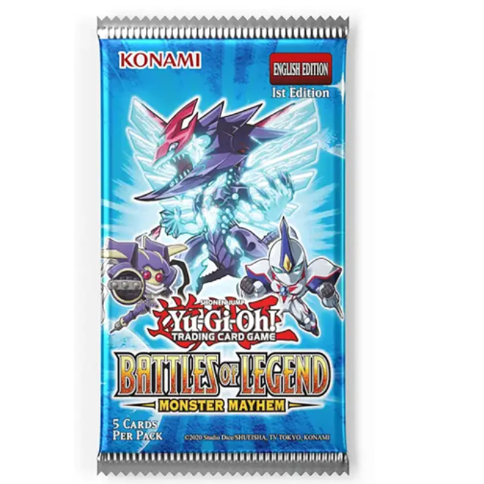 Yu-Gi-Oh! Battles of Legend: Monster Mayhem booster pack. Konami Yu-Gi-Oh! trading card game pack with characters on a blue background