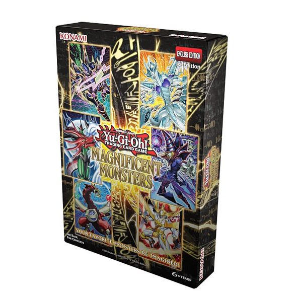 Yu-Gi-Oh! TCG Magnificent Monsters World Rares & Evolutions Booster Pack box, featuring colorful monster card art on a black background. Yu-Gi-Oh! Magnificent Monsters Tuckbox 1st Edition trading card product