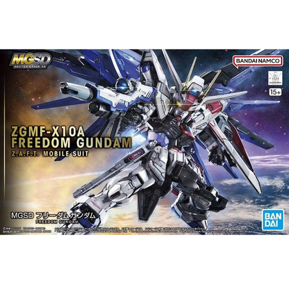 ZGMF-X10A Freedom Gundam model kit featuring approximately 115 mm in height, coloured plastic, movable head, torso, and toes, showcasing intricate details and dynamic posing options.