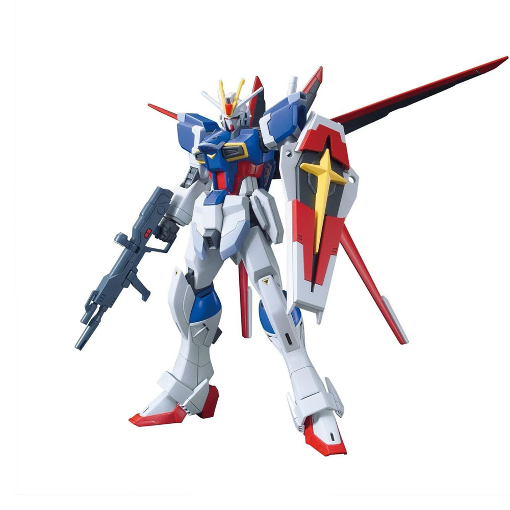 A Gundam action figure or model kit shown standing on a plain white background, holding a dark rifle and a red-and-white shield with a yellow emblem. ZGMF-X56S/a Force Impulse Gundam