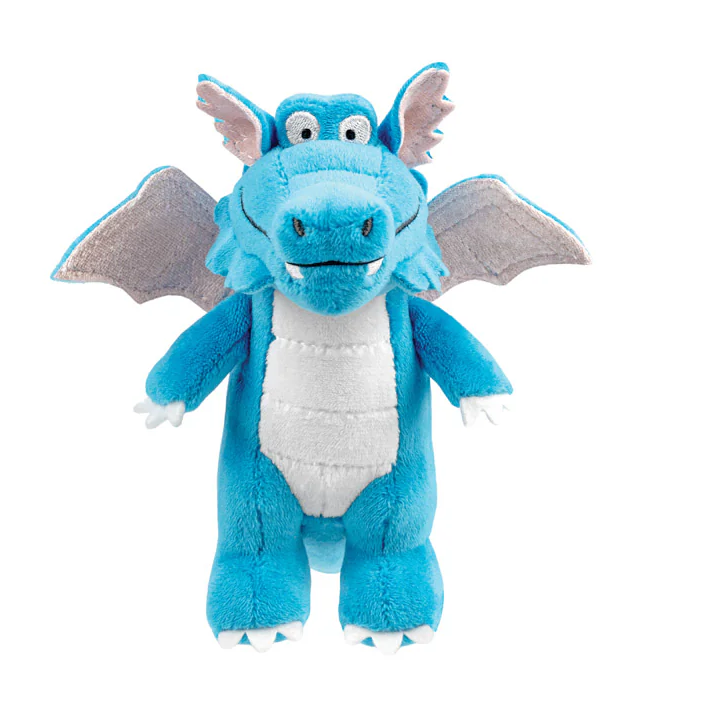 Zog's Friend Blue Dragon Plush. Blue dragon plush toy with grey wings on a white background