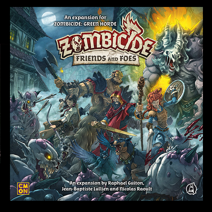 Zombicide: Friends and Foes Expansion. Features 29 miniatures, 10 quests, and 5 double-sided tiles. Adds new survivors, familiars, and tainted zombies.

