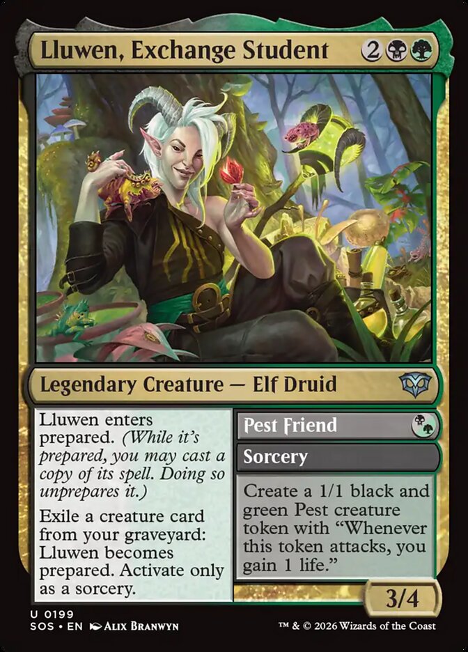 Lluwen, Exchange Student // Pest Friend Secrets of Strixhaven #199Card Front