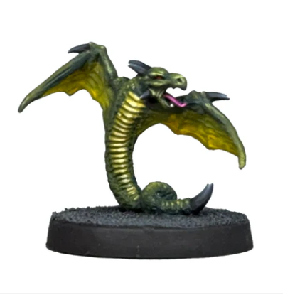 crooked Dice Familiar A. Small dragon-like Familiar A miniature with wings and scales, crouched alertly on a base, sculpted with fine detail and expressive features.