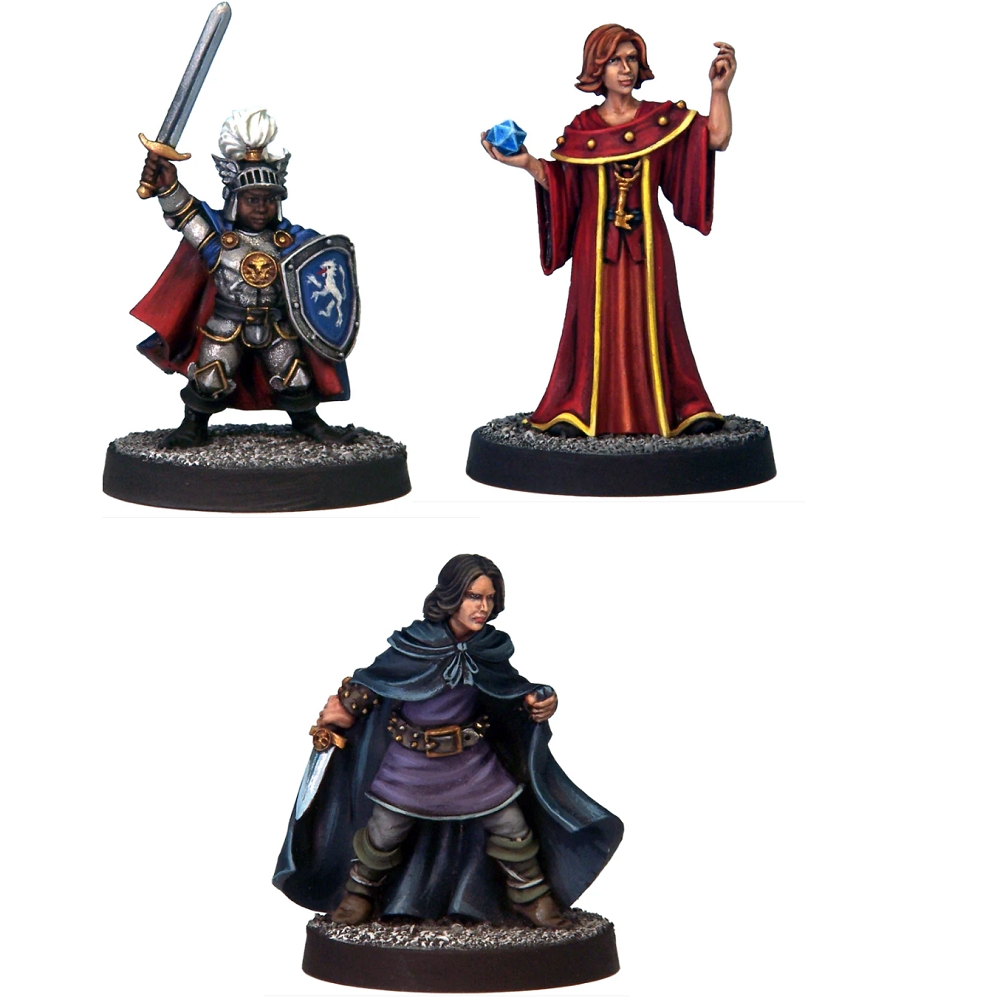 Set of three white metal miniatures: young thief in cloak, young paladin in plate with sword and shield, young loremaster casting spells. Supplied unpainted