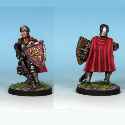 crooked dice Paladin Plate & Shield. Two miniature figurines of armoured knights with red cloaks and shields on a white background