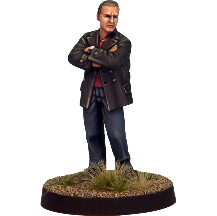 Temporal Traveller 9 miniature, modern male in jeans and jacket with folded arms. White metal figure for tabletop gaming, roleplaying, and painting.
