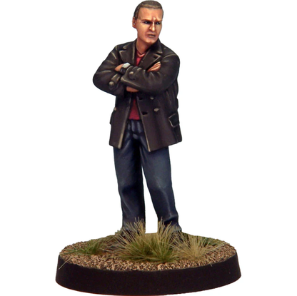 Temporal Traveller 9 miniature, modern male in jeans and jacket with folded arms. White metal figure for tabletop gaming, roleplaying, and painting.