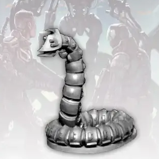 A 28mm unpainted metal model of a bio-mechanical snake, featuring a segmented body with metal and plastic components, designed for tabletop gaming.