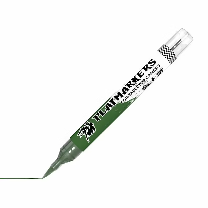 Playmarkers acrylic paint marker in dark green, ideal for modellers and gamers. Fast-drying, water-resistant, and designed for precise application and blending.