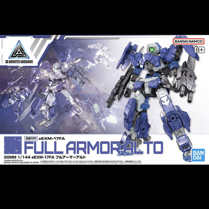 Bandai Namco 30MM Missions eEXM-17FA Full Armor Alto model kit box art, featuring a blue and grey assembled mecha robot on the right and battle illustrations on the left, with product branding and text on a white background. eEXM-17FA Full Armour Alto