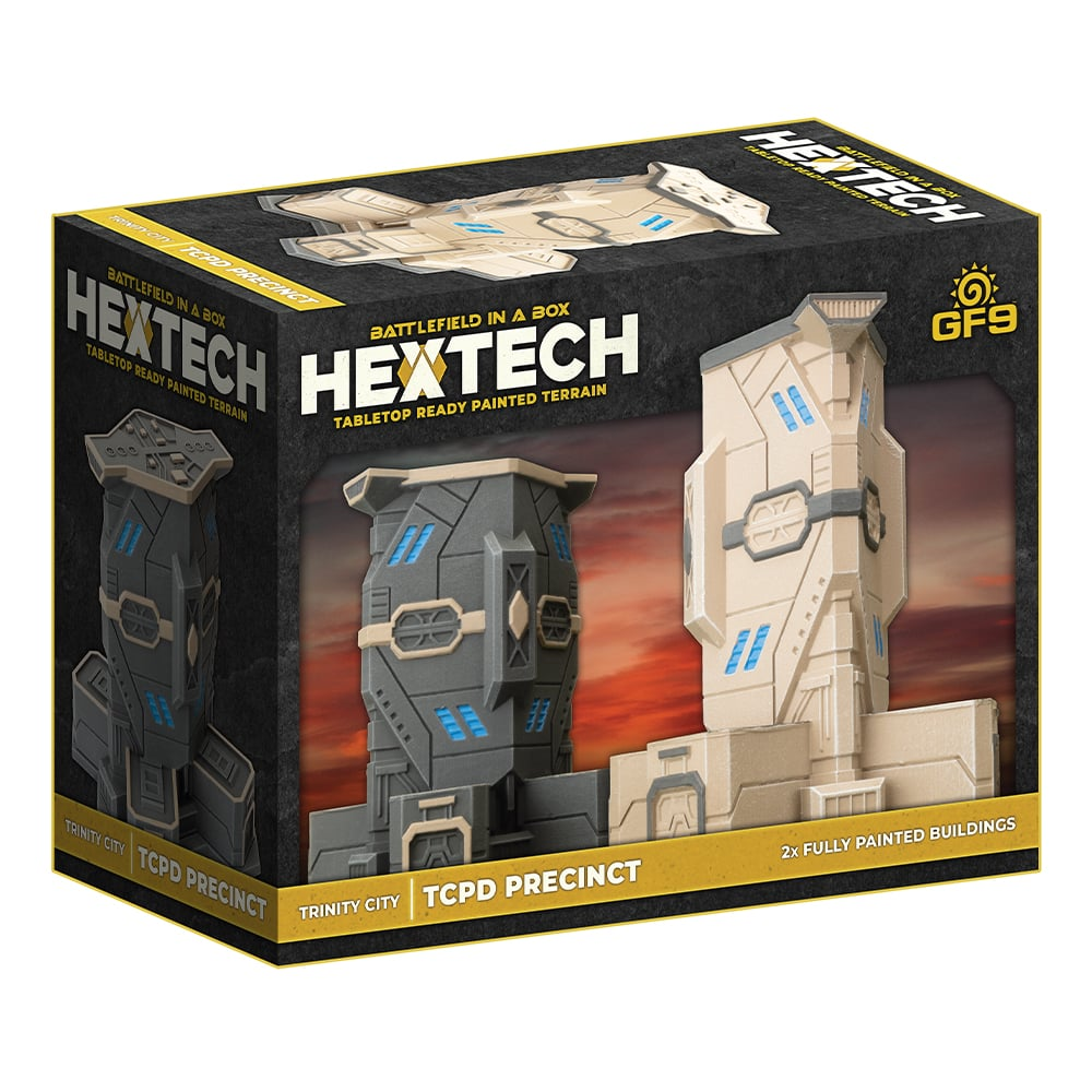 Battlefield in a Box HexTech: Trinity City – TCPD Precinct. Pre-painted police buildings (11.5cm) with hex bases. Ready-to-use for sci-fi 6-10mm miniatures games