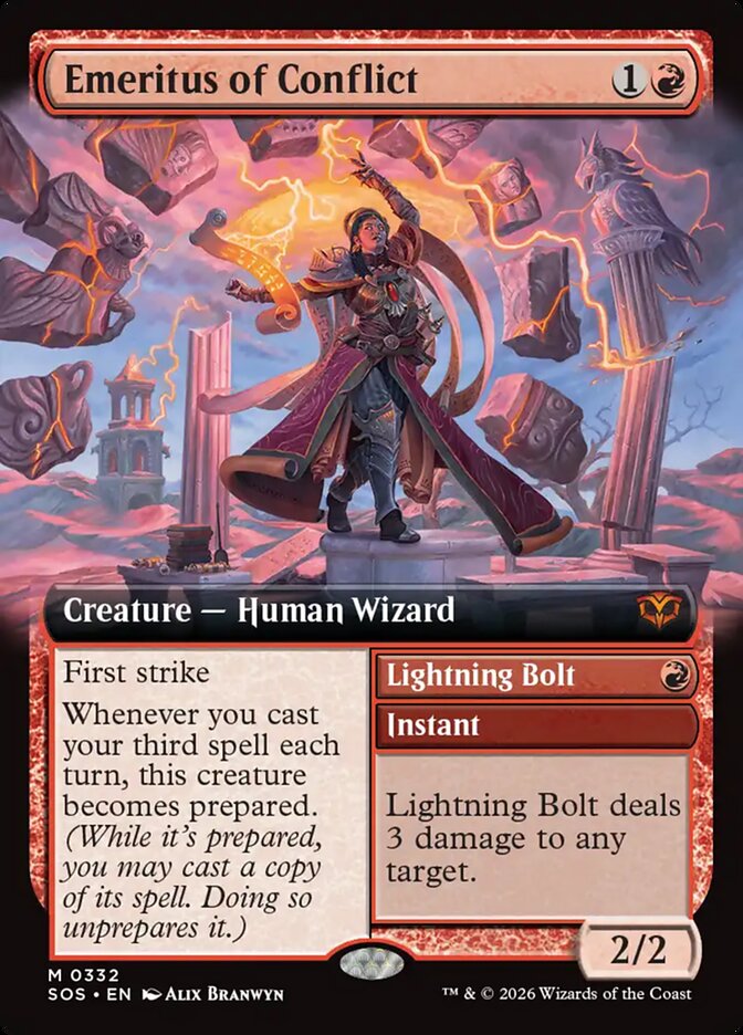 Emeritus of Conflict // Lightning Bolt Secrets of Strixhaven Extended Art #332Card Front