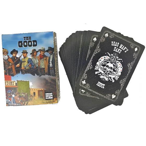 Dead Man's Hand: The Good Card Deck. 63mm x 88mm standard playing cards featuring custom designs for factions. Enhance skirmish gameplay and collection appeal.
